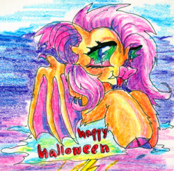 Size: 1280x1254 | Tagged: safe, artist:larvaecandy, derpibooru import, fluttershy, bat pony, pony, :p, bat nose, bat ponified, cloven hooves, flutterbat, race swap, solo, tongue, tongue out, traditional art