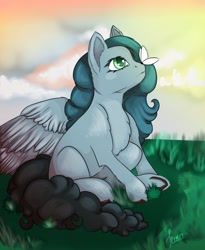 Size: 2500x3050 | Tagged: safe, artist:lunayourlife, derpibooru import, oc, oc only, butterfly, pegasus, pony, female, green eyes, high res, looking up, mare, sitting, solo