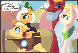 Size: 3400x2300 | Tagged: safe, artist:storyteller, derpibooru import, oc, oc only, oc:dippy, oc:hard boiled, oc:omelette, oc:sunny side, earth pony, unicorn, autumn, clothes, colt, costume, cute, dialogue, fake beard, family, female, filly, foal, hay bale, lipstick, male, mare, nightmare night, pirate, pirate ship, smiling, stallion