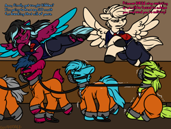 Size: 4000x3000 | Tagged: safe, artist:sexygoatgod, derpibooru import, pegasus, pony, clothes, collar, commission, cuffs, female, imprisoned, jumpsuit, muzzle, police, police officer, police uniform, prison, prison outfit, prisoner, shirt, undershirt, wip, ych sketch, your character here