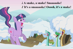 Size: 972x648 | Tagged: safe, derpibooru import, edit, edited screencap, editor:korora, screencap, twilight sparkle, unicorn twilight, snake, unicorn, winter wrap up, badger badger badger, cropped, lyrics, snow, song reference, terrified, text