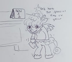 Size: 1557x1345 | Tagged: safe, artist:pony quarantine, derpibooru import, oc, oc only, pegasus, pony, calendar, christmas, dialogue, female, filly, foal, holiday, pen drawing, shaking, solo, traditional art, unshorn fetlocks