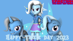 Size: 3840x2160 | Tagged: safe, artist:optimussparkle, derpibooru import, trixie, equestria girls, 3d, 3d model, blue background, boots, clothes, high heel boots, hoodie, shirt, shoes, simple background, skirt, trixie day