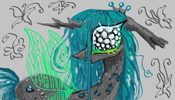 Size: 1362x783 | Tagged: safe, artist:larvaecandy, derpibooru import, queen chrysalis, changeling, changeling queen, pony, compound eyes, eye horror, female, solo, trypophobia