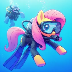 Size: 1024x1024 | Tagged: safe, ai content, derpibooru import, generator:bing image creator, machine learning generated, fluttershy, pegasus, pony, dive mask, flippers (gear), goggles, oxygen tank, scuba diving, scuba gear, scuba tank, underwater, water, wetsuit