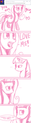 Size: 488x1920 | Tagged: dead source, safe, artist:flirtershy, derpibooru import, fluttershy, twilight sparkle, unicorn twilight, pegasus, pony, unicorn, ..., ask, bust, comic, dialogue, female, lesbian, mare, monochrome, shipping, simple background, tumblr, twishy, white background, you're going to love me