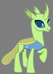 Size: 808x1140 | Tagged: safe, artist:star polaris and friends, derpibooru exclusive, derpibooru import, lumbar, changedling, changeling, base used, gray background, male, older, older lumbar, raised hoof, raised leg, simple background, solo