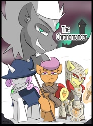 Size: 754x1024 | Tagged: safe, artist:kingkrail, derpibooru import, apple bloom, scootaloo, sweetie belle, oc, oc:the chronomancer, earth pony, pegasus, pony, unicorn, alternate universe, armor, cape, castle, clothes, crown, facial hair, fanfic, fanfic art, fanfic cover, fantasy, goatee, hat, jewelry, looking at you, looking up, regalia, scarf, snow, staff, sword, weapon, white mane, witch hat