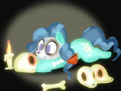 Size: 2200x1650 | Tagged: safe, artist:kushina13, derpibooru import, petunia paleo, earth pony, pony, candle, catrina (calavera garbancera), dia de los muertos, female, filly, foal, lying down, prone, skull, smiling, solo, sploot