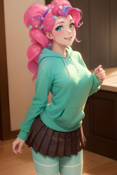 Size: 1024x1536 | Tagged: safe, ai content, derpibooru import, editor:sammykun, generator:stable diffusion, machine learning generated, pinkie pie, human, equestria girls, blurry background, breasts, candy, clothes, colored eyebrows, cosplay, costume, disney, disney princess, female, food, hoodie, indoors, jacket, long hair, long sleeves, looking at you, miniskirt, open mouth, pinkie pies, pleated skirt, ponytail, prompter:sammykun, reasonably sized breasts, skirt, smiling, socks, solo, teeth, thigh highs, vanellope von schweetz, wreck-it ralph