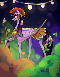 Size: 1024x1307 | Tagged: safe, artist:starshine74, derpibooru import, twilight sparkle, twilight sparkle (alicorn), alicorn, pony, armor, athena sparkle, clothes, concave belly, costume, female, long legs, mare, nightmare night costume, solo, spear, tall, thin legs, weapon