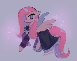 Size: 2048x1623 | Tagged: safe, artist:petaltwinkle, derpibooru import, fluttershy, pegasus, pony, clothes, cute, ears, female, floppy ears, gray background, heart, maid, mare, shyabetes, signature, simple background, smiling, solo, sparkles, spread wings, wings