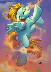 Size: 935x1323 | Tagged: safe, artist:chaosangeldesu, derpibooru import, lightning dust, pegasus, pony, autumn, commission, cute, eyes closed, flying, leaves, sky, smiling, solo