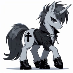 Size: 1024x1024 | Tagged: safe, ai content, derpibooru import, generator:dall-e 3, machine learning generated, oc, oc only, oc:black cross, unicorn, clothes, male, simple background, solo, stallion, white background