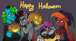 Size: 1776x958 | Tagged: safe, artist:sonyager, derpibooru import, oc, oc only, pegasus, pony, unicorn, clothes, colt, costume, female, foal, halloween, halloween costume, holiday, male, pumpkin, scared