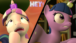 Size: 3840x2160 | Tagged: safe, artist:olkategrin, derpibooru import, twilight sparkle, twilight velvet, pony, unicorn, comic:no moaning in the library, 3d, bend over, bent over, book, bookshelf, butt, comic, daughter, dialogue, english, female, golden oaks library, gritted teeth, heterochromia, large butt, levitation, lidded eyes, looking at self, looking at something, looking up, magic, magic aura, magic suppression, mare, mother and child, mother and daughter, open mouth, parent and child, room, scared, screaming, sitting, source filmmaker, split screen, standing, surprised, tail, tail aside, talking, teeth, telekinesis, text, two sides