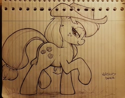 Size: 1437x1118 | Tagged: safe, artist:whiskeypanda, derpibooru import, applejack, earth pony, pony, applejack's hat, aside glance, butt, clothes, cowboy hat, cutie mark, hat, ink drawing, lined paper, looking at you, plot, signature, sketch, solo, stetson, traditional art