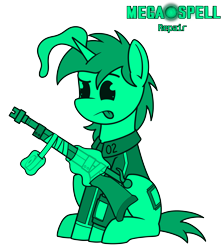 Size: 4300x4800 | Tagged: safe, artist:dacaoo, derpibooru import, oc, oc only, oc:littlepip, pony, unicorn, fallout equestria, absurd resolution, clothes, jumpsuit, megaspell (game), monochrome, pip-pony, pipbuck, simple background, tape, tongue, tongue out, transparent background, vault suit, weapon