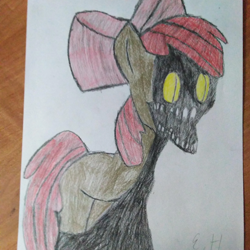 Size: 640x640 | Tagged: safe, artist:epicheavytf2, derpibooru import, apple bloom, monster pony, apple bloom's bow, bow, golden eyes, hair bow, irl, monster, photo, shadow, sharp teeth, simple background, teeth, traditional art