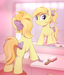Size: 3400x4000 | Tagged: safe, artist:thebatfang, derpibooru import, noi, earth pony, pony, alternate hairstyle, beautiful, blushing, bow, brush, cute, dresser, female, filly, foal, hair bow, hairbrush, looking at you, looking sideways, mirror, ponytail, rear view, ribbon, solo, stool, tail, tail bow