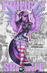 Size: 792x1224 | Tagged: safe, artist:inkkeystudios, derpibooru import, twilight sparkle, twilight sparkle (alicorn), alicorn, anthro, chains, clothes, dress, fishnets, gameloft, gloves, jewelry, makeup, socks, solo, striped socks, thigh highs, wings