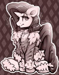 Size: 877x1106 | Tagged: safe, artist:llametsul, derpibooru import, rarity, pony, unicorn, chest fluff, clothes, coat, fluffy, jewelry, monochrome, necklace, pearl necklace, signature, solo