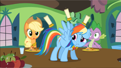 Size: 1177x664 | Tagged: safe, derpibooru import, screencap, applejack, rainbow dash, spike, dragon, earth pony, pegasus, pony, keep calm and flutter on, apple, candle, candlestick, element of honesty, element of loyalty, female, food, male, mare, you know for kids