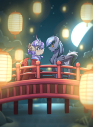 Size: 2092x2848 | Tagged: safe, artist:witchtaunter, derpibooru import, oc, oc only, oc:iron feather, oc:lotus cinder, kirin, pegasus, fanfic:words of power, blushing, bridge, clothes, cute, fanfic art, kimono (clothing), kirin oc, lantern, looking at each other, looking at someone, moon, paper lantern, stars, tree, water