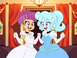 Size: 1280x978 | Tagged: safe, artist:lirudraw, derpibooru import, scootaloo, oc, oc:jemimasparkle, human, equestria girls, alternate hairstyle, ballroom, canon x oc, cinderella, clothes, dress, duo, equestria girls-ified, evening gloves, female, gloves, gown, holding hands, lesbian, long gloves, open mouth, open smile, smiling, younger