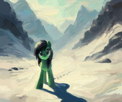 Size: 3000x2500 | Tagged: safe, artist:yidwags, derpibooru import, oc, oc only, oc:anon filly, earth pony, pony, female, filly, foal, looking at you, mountain, mountain range, painterly, painting, snow, solo