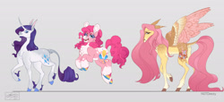 Size: 2048x935 | Tagged: safe, artist:notdeezy, derpibooru import, fluttershy, pinkie pie, rarity, earth pony, pegasus, pony, unicorn, alternate design, concave belly, countershading, curved horn, height difference, hooves, horn, leonine tail, long mane, long tail, physique difference, redesign, slim, spread wings, tail, thin, unicorn beard, unshorn fetlocks, wings