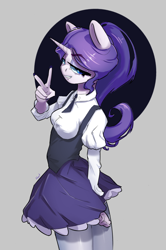 Size: 1852x2788 | Tagged: safe, artist:i love hurt, derpibooru import, rarity, anthro, unicorn, g4, alternate hairstyle, clothes, eyebrows, eyebrows visible through hair, female, lidded eyes, looking at you, nimbus, peace sign, school uniform, smiling, solo