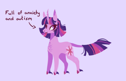 Size: 1224x792 | Tagged: safe, artist:notdeezy, derpibooru import, twilight sparkle, unicorn twilight, pony, unicorn, anxiety, autism, chest fluff, curved horn, horn, leonine tail, long feather, purple background, simple background, solo, tail