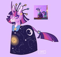 Size: 2048x1915 | Tagged: safe, artist:notdeezy, derpibooru import, twilight sparkle, unicorn twilight, pony, unicorn, suited for success, alternate design, clothes, constellation, dress, leonine tail, purple background, screencap reference, simple background, tail