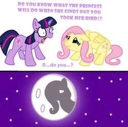 Size: 724x717 | Tagged: safe, artist:elosande, derpibooru import, edit, fluttershy, twilight sparkle, unicorn twilight, pegasus, pony, unicorn, a bird in the hoof, bad end, colored, comic, dialogue, ears, female, floppy ears, horn, mare, mare in the moon, moon, night, scared, shocked, stars, to the moon, wings