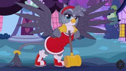 Size: 1920x1080 | Tagged: safe, artist:facelessjr, derpibooru import, gabby, griffon, amy rose, beak, boots, bracelet, clothes, cosplay, costume, feather, female, gloves, hammer, headband, jewelry, looking at you, night, nightmare night, nightmare night costume, ponyville, pose, ring, shoes, solo, sonic the hedgehog (series), spread wings, tail, tail ring, talons, wings