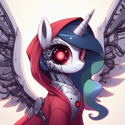 Size: 1024x1024 | Tagged: safe, ai content, derpibooru import, machine learning generated, princess celestia, alicorn, cyborg, pony, female, mare, solo