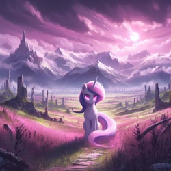 Size: 1024x1024 | Tagged: safe, ai content, derpibooru import, machine learning generated, pony, unicorn, mountain, scenery, solo, sun