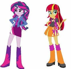 Size: 330x320 | Tagged: safe, derpibooru import, sunset shimmer, twilight sparkle, equestria girls, base used, boots, clothes, eqg promo pose set, high heel boots, jacket, palette swap, recolor, shirt, shoes, simple background, skirt, white background