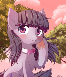 Size: 1800x2100 | Tagged: safe, artist:symbianl, derpibooru import, octavia melody, earth pony, pony, g4, blushing, bowtie, cloud, colored underhoof, cute, eyebrows, female, frog (hoof), heart, hoof heart, looking at you, mare, outdoors, raised hoof, raised leg, signature, sky, smiling, smiling at you, solo, sunset, tavibetes, tree, underhoof