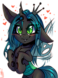 Size: 1200x1600 | Tagged: safe, artist:falafeljake, derpibooru import, queen chrysalis, changeling, changeling queen, g4, bipedal, blushing, buzzing wings, cute, cutealis, fangs, female, happy, heart, horn, one ear down, signature, simple background, sketch, slit eyes, smiling, solo, white background, wings