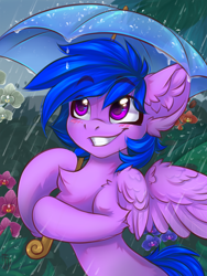 Size: 1200x1600 | Tagged: safe, artist:falafeljake, derpibooru import, oc, oc only, pegasus, pony, blushing, chest fluff, commission, cute, ear fluff, ears, eye clipping through hair, eyebrows, eyebrows visible through hair, flower, grin, ocbetes, outdoors, pegasus oc, rain, signature, smiling, solo, spread wings, umbrella, wings, ych result