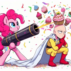 Size: 1024x1024 | Tagged: safe, ai content, derpibooru import, machine learning generated, pinkie pie, earth pony, human, pony, g4, bipedal, candle, cannon, confetti, crossover, cupcake, female, food, one punch man, party, party cannon, prompter:meshari7, saitama, solo