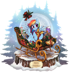 Size: 2486x2591 | Tagged: safe, artist:avrameow, derpibooru import, rainbow dash, earth pony, pegasus, g4, blushing, christmas, female, high res, holiday, hoof hold, looking at you, mare, merry christmas, present, simple background, sitting, sleigh, snow globe, solo, spread wings, transparent background, wings