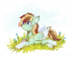 Size: 1717x1330 | Tagged: safe, artist:dearmary, derpibooru import, oc, oc only, butterfly, pegasus, pony, butterfly on nose, flower, insect on nose, lying down, male, prone, solo, stallion