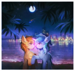 Size: 2048x1959 | Tagged: safe, artist:dearmary, derpibooru import, oc, oc only, earth pony, pony, unicorn, christmas, city, duo, ear fluff, ears, female, freckles, full moon, glowing, glowing horn, hat, holding hooves, holiday, horn, lesbian, looking at each other, looking at someone, moon, night, oc x oc, santa hat, shipping, shooting star, stars