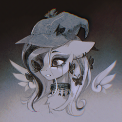 Size: 2000x2000 | Tagged: safe, artist:dearmary, derpibooru import, fluttershy, butterfly, insect, pegasus, pony, g4, bust, butterfly on nose, choker, ear piercing, earring, ears back, emoshy, eyeshadow, female, floating wings, gradient background, grayscale, halftone, hat, insect on nose, jewelry, makeup, mare, monochrome, piercing, running makeup, solo, spread wings, wings, witch hat
