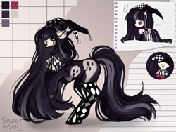 Size: 4000x3000 | Tagged: safe, artist:sweettsa1t, derpibooru import, oc, oc only, oc:toma, earth pony, pony, adoptable, black lipstick, bowtie, clothes, color palette, ear fluff, ear tufts, ears, earth pony oc, female, goth, hat, jester hat, lipstick, long mane, long tail, mare, mismatched socks, neck bow, paperclip, purple eyes, rearing, reference sheet, socks, solo, standing, stockings, striped socks, tail, thigh highs