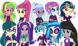 Size: 588x349 | Tagged: safe, artist:godzillafankm14, derpibooru import, aria blaze, dj pon-3, indigo zap, juniper montage, lemon zest, octavia melody, sonata dusk, sour sweet, sugarcoat, sunny flare, vinyl scratch, equestria girls, g4, female, shadow five, simple background, transparent background