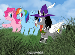 Size: 1142x832 | Tagged: safe, artist:the-unicorn-artist, derpibooru import, pinkie pie, rainbow dash, oc, oc:illiam, alicorn, earth pony, pegasus, pony, alicorn oc, female, hat, horn, wings